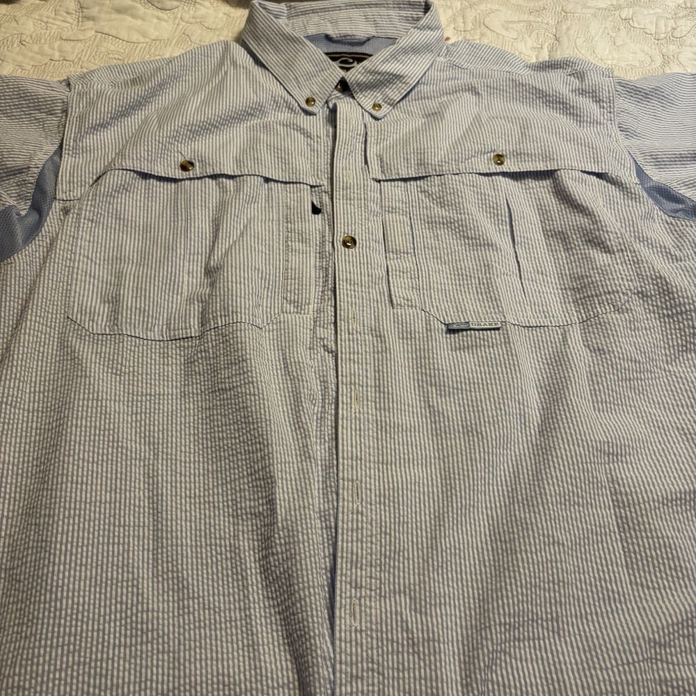Drake‎ Men's  3XL Blue & White, Striped, SearSucker, Button Down, Short Sleeve